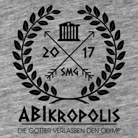 Logo mit Lorbeerkranz, Tempel, kreuzenden Pfeilen und den Zahlen 2017, Text "Abikropolis Die Götter verlassen den Olymp".