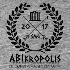 Logo mit Lorbeerkranz, Tempel, kreuzenden Pfeilen und den Zahlen 2017, Text "Abikropolis Die Götter verlassen den Olymp".