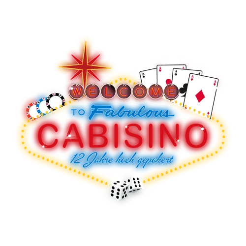 Grafisches Logo mit Text "Welcome to Fabulous Cabisino", umgeben von Spielkarten, Würfel und Casinochips.