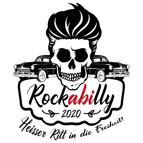 Schwarzes Weiß-Design eines Schädels mit Rockabilly-Frisur, zwei Autos im Hintergrund und dem Schriftzug "Rockabilly 2020 Heisser Ritt in die Freiheit".