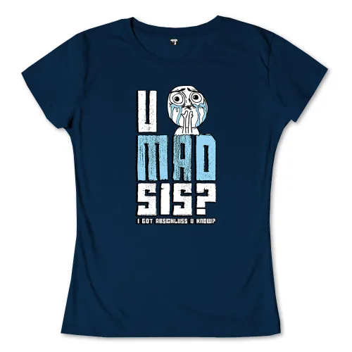 Grafik auf dunkelblauem Hintergrund mit Text "U MAD SIS?" und stilisiertem Gesicht darunter.