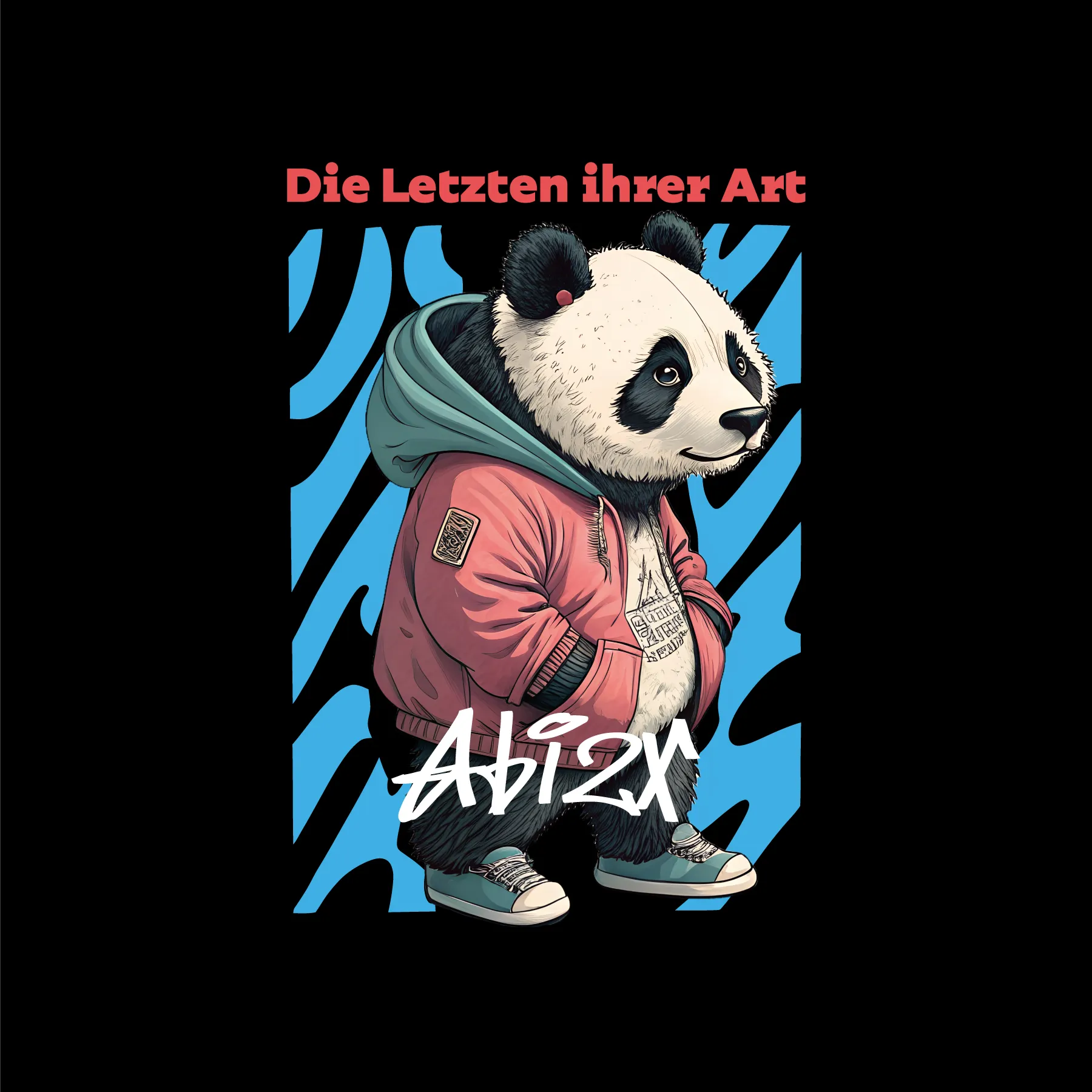 Stehender Pandabär mit roter Jacke und Sneakern vor gestreiftem Hintergrund in Blau und Schwarz mit dem Schriftzug Die Letzten ihrer Art oben