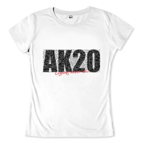 Schwarz-weiß Mosaik aus vielen kleinen Fotos formt die Buchstaben "AK47" und den Schriftzug "Legends never die!" in Rot.