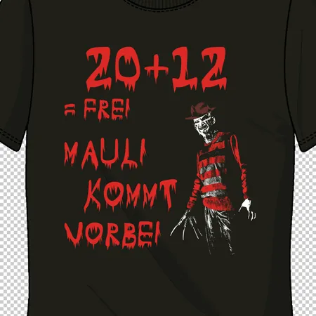 Schwarzes T-Shirt zeigt gruselige Figur in Streifenpullover unter blutrotem Text '20+12 a FREI MAULI KOMMT VORBEI'.