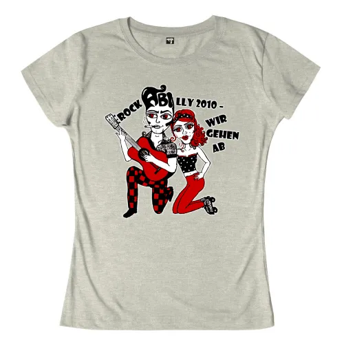 Illustration eines Rockabilly-Paares, Mann mit Gitarre und roten Karohosen, Frau kniend in rotem Kleid.