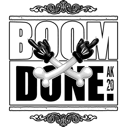 Comic-Grafik mit Knochen, darüber "BOOM DONE" Text, Vintage-Stil Deko.