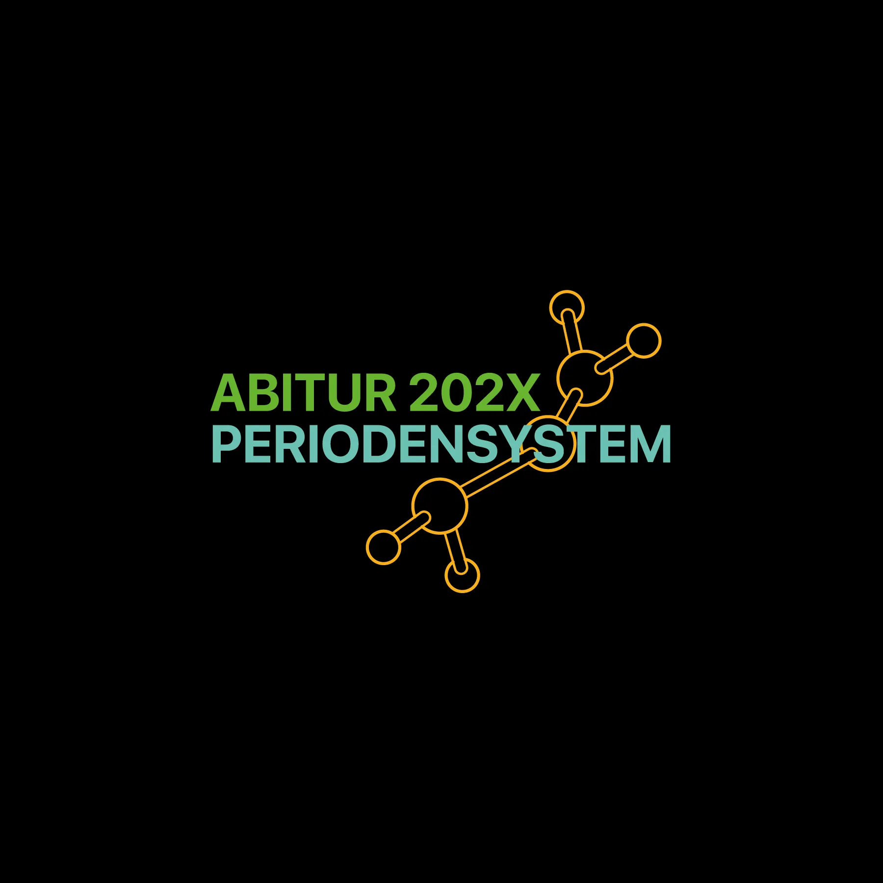 Schwarzer Hintergrund mit grünem Text ABITUR 202X und türkisem Text PERIODENSYSTEM neben stilisiertem orangefarbenen Molekülmodell