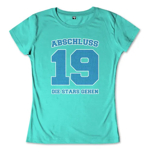 aquamarine background with words 'Abschluss 19' above 'Die Stars gehen' in white.