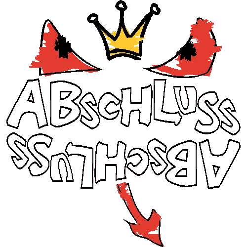 Grafik in Schwarz und Rot mit abstrakten Formen und einer Krone.