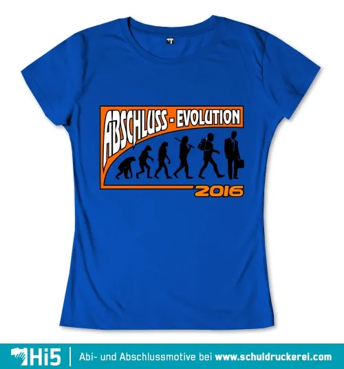 Sechs Silhouetten, die menschliche Evolution darstellen, endend mit einem Geschäftsmann, Text "ABSCHLUSS - EVOLUTION 2016".