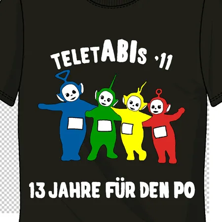 Vier farbige Cartoon-Figuren auf schwarzem T-Shirt, Text oben und unten.