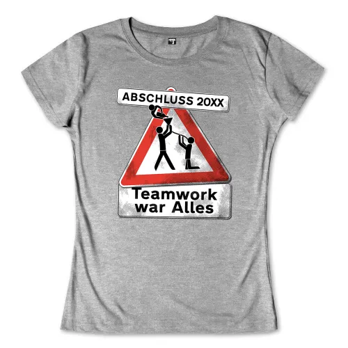 Illustration mit Warnschild, zwei Figuren bauen die Spitze, Text "ABSCHLUSS 20XX" und "Teamwork war Alles".