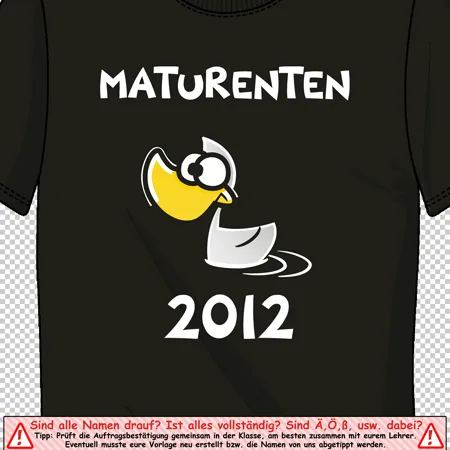 Schwarzes T-Shirt mit Cartoon-Ente und Text "MATURENTEN 2012" in Weiß.