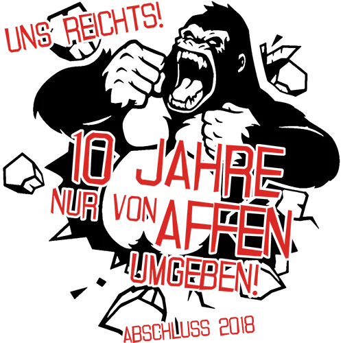 Grafik eines Gorillas mit zerrissenem Hintergrund und Text "10 Jahre nur von Affen umgeben! Abschluss 2018".