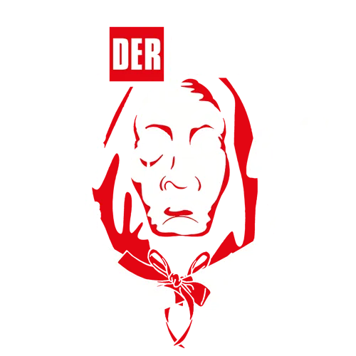 Schwarzes T-Shirt-Design mit weißer und roter Grafik, Darstellung einer maskierten Person und Text "Bella Ciao!" sowie "Wir verlassen das Haus der Aufgaben".