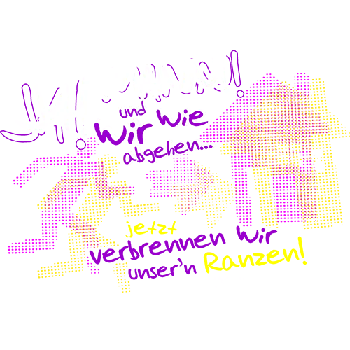 Illustration auf einem T-Shirt mit Text 'JA! MANN!! Wir sind wie FRISCH jetzt verzeih'n wir unser'n Ranzen! ABSCHLUSS 2016' und Haus-Motiv.