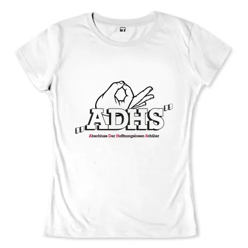 Schwarzes und weißes ADHS Logo mit rotem Textbalken "bschluss er offnungslosen chuler".