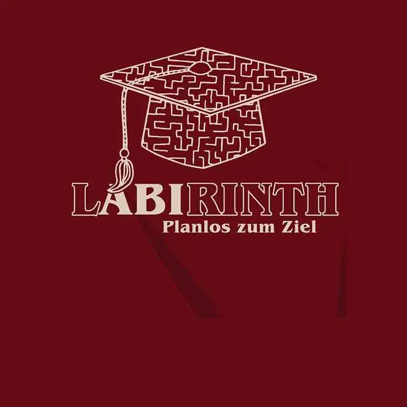 Graduierungshut mit Labyrinth-Muster und Text 'LABIRINTH Planlos zum Ziel'