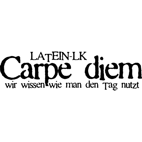 Dunkelrosa Hintergrund mit Text "LATEN-LK Carpe diem wir wissen wie man den Tag nutzt", Werbung für Schuldruckerei.