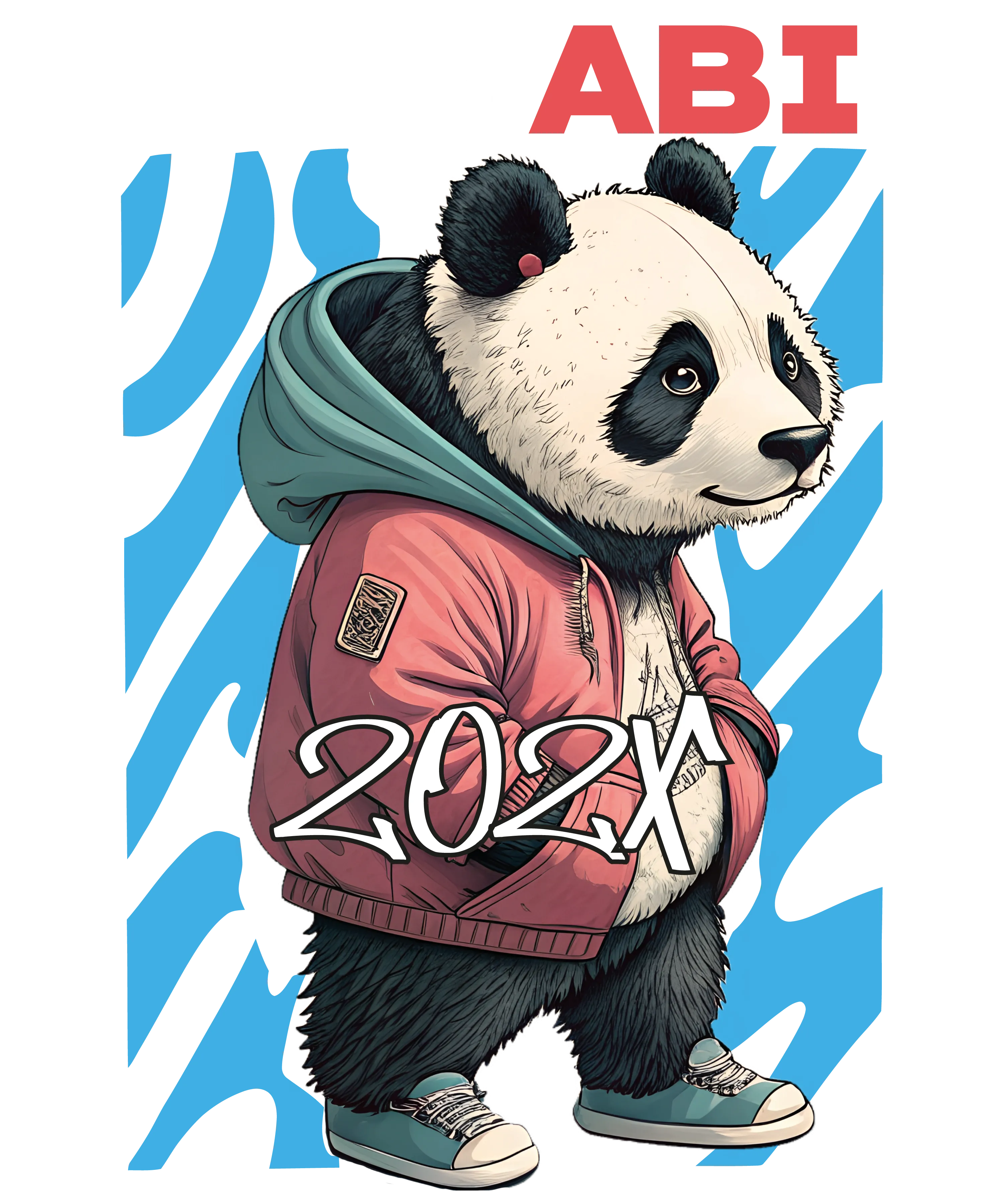 Panda vor blauem Muster stehend in roter Bomberjacke mit blauer Kapuze und hellblauen Sneakers darüber Schrift 202X