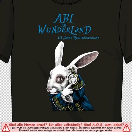 Dunkelgrünes T-Shirt mit einem grafischen Design eines weißen Hasen in Kleidung, der eine Uhr hält.