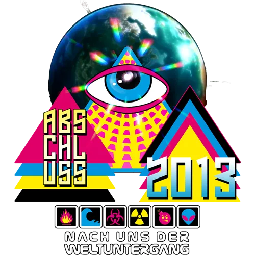 Farbenfrohes Poster mit Auge-Pyramiden-Motiv über einer Erdkugel, Text 'Abschluss 2013' und 'Nach uns der Weltuntergang'.