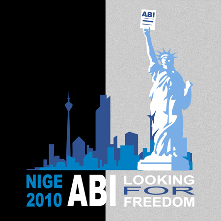 Silhouette der Freiheitsstatue mit ABI-Schild, umgeben von Hochhäusern, Text "ABI 2010 LOOKING FOR FREEDOM"