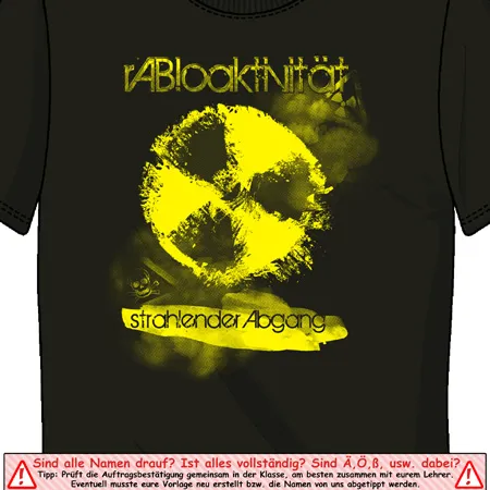 Schwarzes T-Shirt mit gelbem biohazard-Symbol und Text "Strahlender Abgang".