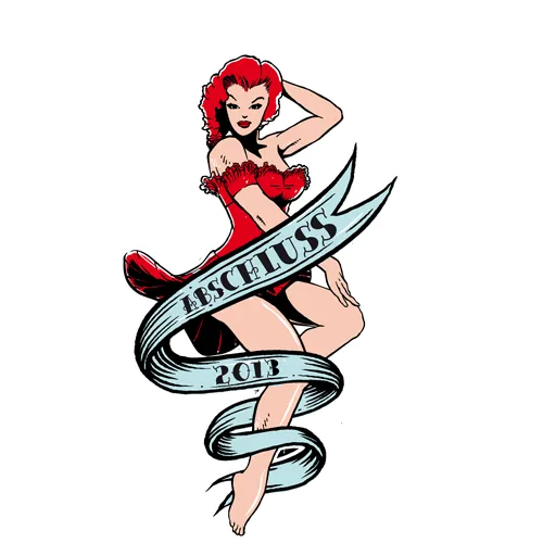 Illustration einer rothaarigen Frau in einem roten Kleid, umringt von einem blauen Band mit der Aufschrift "IRFOLG MACHT SEXY" und "ABSCHLUSS 2013".