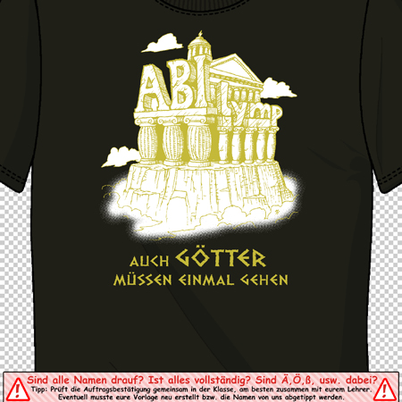 Schwarzes T-Shirt mit einem weißen Abitur-Motiv, darstellend eine antike Säulentempel-Illustration und den Text "ABI 2020".