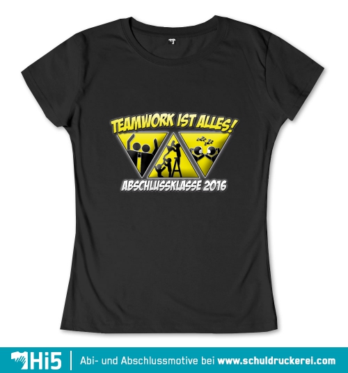 Grafisches Design mit Text "Teamwork ist alles!" und "Abschlussklasse 2016" in Gelb, dazu drei Dreiecke mit Szenen von Figuren in Teamarbeit.