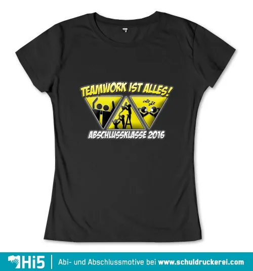 Grafisches Design mit Text "Teamwork ist alles!" und "Abschlussklasse 2016" in Gelb, dazu drei Dreiecke mit Szenen von Figuren in Teamarbeit.