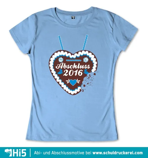 Lebkuchenherz mit der Aufschrift 'Abschluss 2016', weiß-blauer Rand und zwei Schleifen, auf blauem Hintergrund.