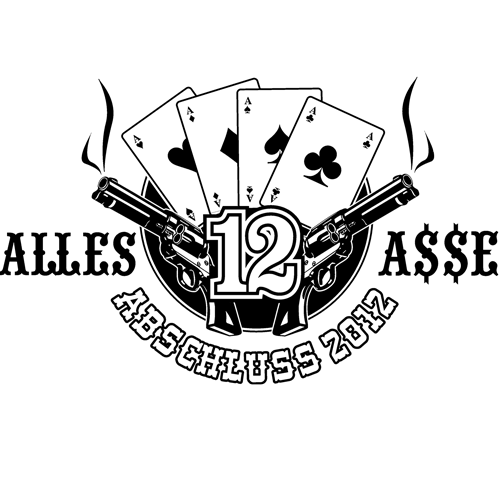 Graues T-Shirt mit Schwarzdruck, Spielkarten, zwei Totenköpfen, "Alles 12 Asse" und "Abschluss 2012".