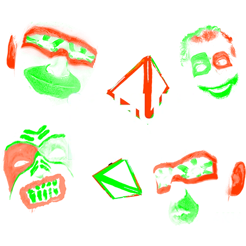 Verschiedenfarbige Masken und geometrische Formen auf schwarzem Hintergrund mit Text "SCHULE NERVT".