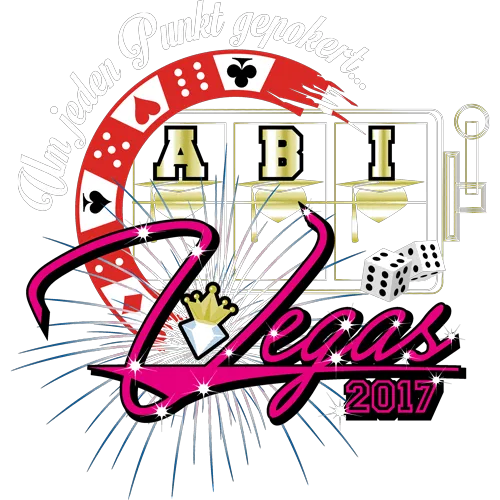Grafik mit Text "Abi Vegas 2017", Würfeln, Spielkarten, und Diplomhüten.