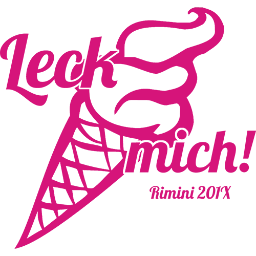 Schwarze Umrisse eines Eiscremekegels mit dem Schriftzug "Leck mich! Rimini 201X".