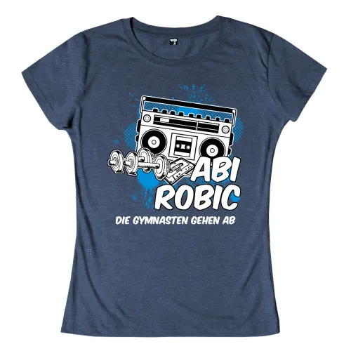 Ein blaues T-Shirt mit einem weißen Grafikaufdruck, der ein Kassettenradio und Hanteln zeigt, mit dem Text 'ABI ROBIC' und 'DIE GYMNASIEN GEHEN AB'.