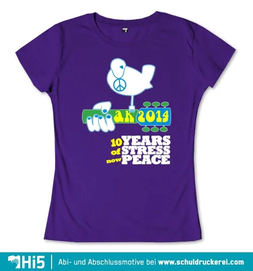 Grafik auf lila Hintergrund: Taube, Friedenssymbol, Handabdruck, Text "Abi 2014", "10 Years of Stress Now Peace".