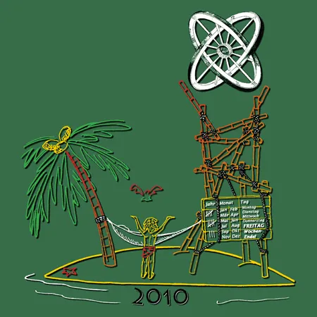 Illustration eines atomaren Symbols über einer Konstruktion mit Termintafeln und einer Palme.