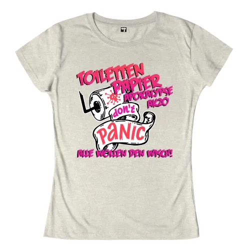 Grafik mit Text 'Toilettenpapier Apokalypse AK20', 'don't panic', 'Alle wollen den Wisch!' und einer Toilettenpapierrolle.