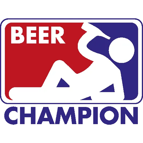 Ein Schild mit einem Piktogramm einer sich neigenden Person, geteilt in rote und blaue Bereiche, beschriftet mit "BEER CHAMPION".