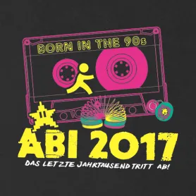 Schwarzes T-Shirt-Design mit einer bunten Kassette, "Born in the 90s", "ABI 2017" und Berliner Skyline.