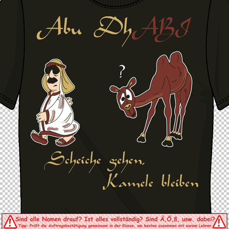 Ein T-Shirt mit einer Illustration: Mann in arabischer Tracht sitzt neben einem Kamel, und Slogan "Schlechte sehen. Kamele lieben".