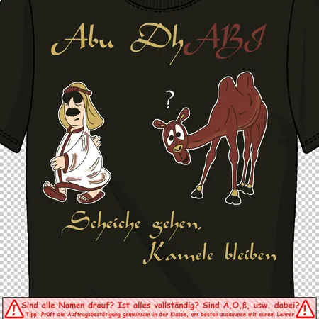 Ein T-Shirt mit einer Illustration: Mann in arabischer Tracht sitzt neben einem Kamel, und Slogan "Schlechte sehen. Kamele lieben".