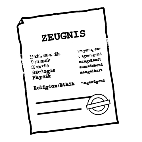 Ein grafisch gestaltetes Zeugnis mit dem Stempel "DURCHGEFALLEN" auf lila Hintergrund.