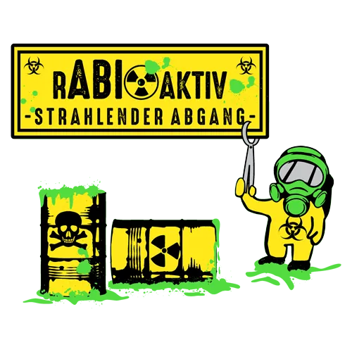 Cartoon-Astronaut in Schutzanzug, hält Schild "Radioaktiv", neben Fässern mit Gefahrensymbolen.