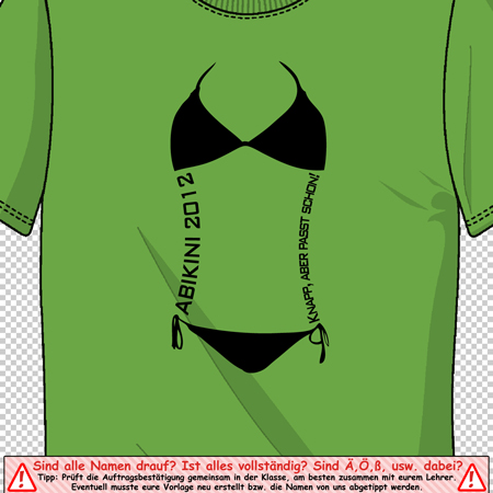 Grünes T-Shirt mit schwarzem Bikini-Design auf der Vorderseite, Text "BIKINI 2012" und "NON_PERISHABLE SHOW".