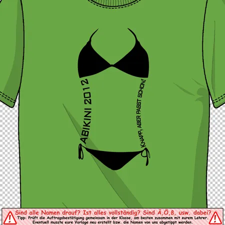 Grünes T-Shirt mit schwarzem Bikini-Design auf der Vorderseite, Text "BIKINI 2012" und "NON_PERISHABLE SHOW".