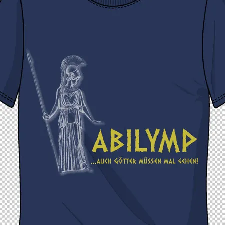 Blaues T-Shirt mit einem Skelett in Gewand und Stab sowie dem Text "ABILYMP" und Slogan darunter.